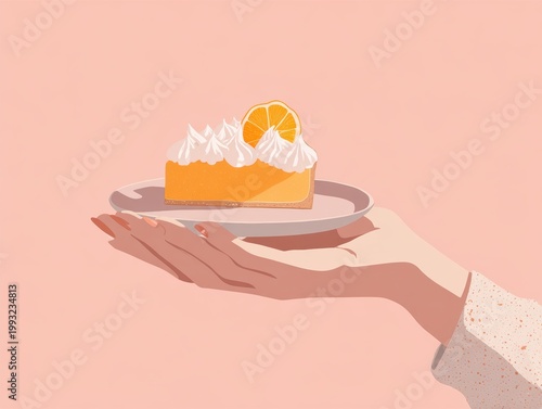A hand holding a plate with a slice of orange cake topped with whipped cream and a slice of orange.
