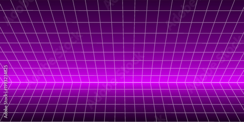 Pink glow neon wireframe background. Shining checkered grid floor plane in deep perspective. Bright purple futuristic diagonal wallpaper. Arcade game sci fi matrix rotating surface. Vector backdrop