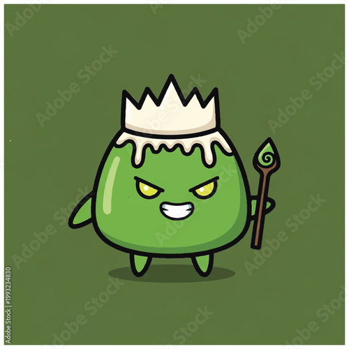Cute Green Monster King Character Holding a Staff.