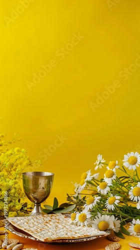 yellow Background For Passover With Matzah And Flowers 