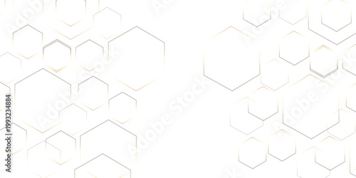 Abstract white background with gold hexagons seamless pattern and geometric in vector design. Futuristic blue neon honeycombs. Modern technology design .Minimal style website banner, decoration .