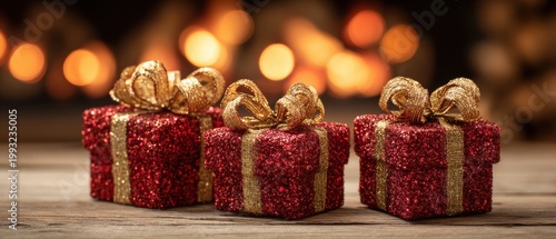 Sparkling gifts with gold ribbons sit on a rustic table in front of a warm, blurry fireplace glow.