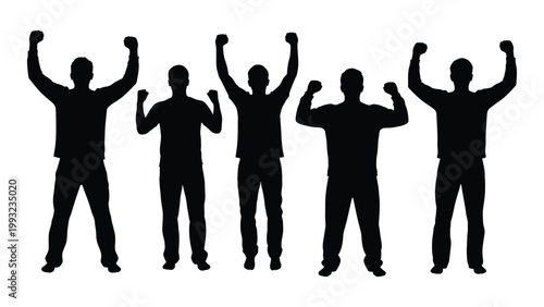 Foto Silhouettes of people with arms raised in a celebratory or victorious pose