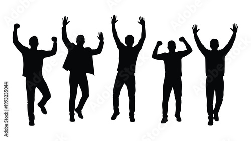 Bild auf Leinwand Silhouette of five people with arms raised in a celebratory or energetic pose