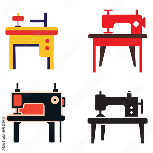 Four colorful sewing machines on tables for fashion design and textile production used for stitching and crafting garments
