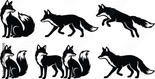 Black Fox Silhouette Collection Vector Set – Wild Animal Silhouettes, Fox Poses Bundle, Minimalist Wildlife Illustration for Design