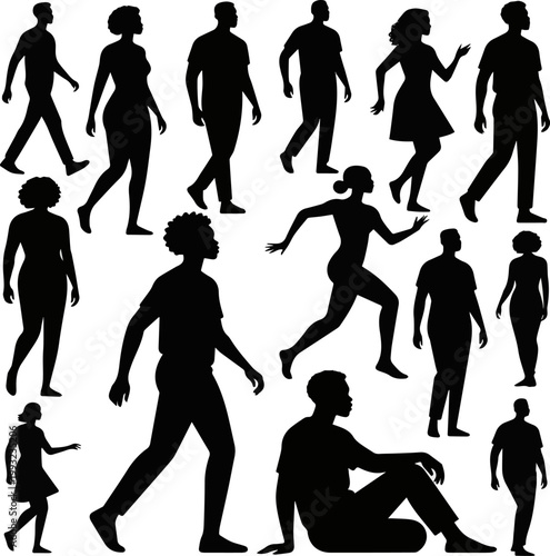  Isolated a realistic kinds of deferent Black silhouettes of people, vector art with white background.