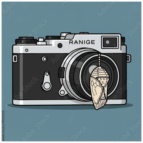 Vintage Camera with Cicada Shell Charm Photography Concept.