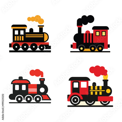 Four colorful steam locomotives with smoke on tracks for kids or transportation  toy train sets with various designs and colors