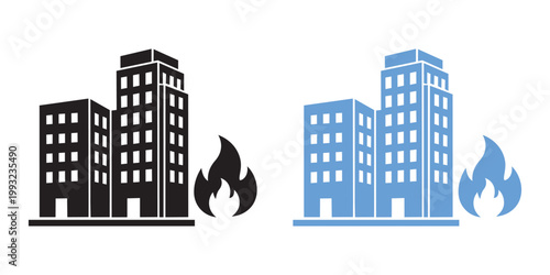 Building fire emergency two skyscrapers with flames safety and disaster