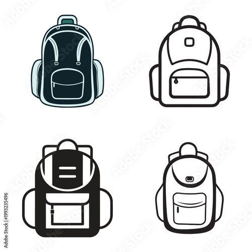 Four different backpacks in various line styles and colors on a white background