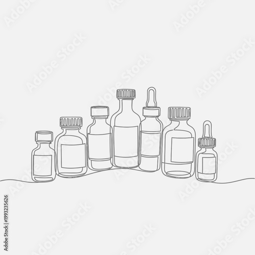 Continuous Line Drawing of Assorted Medicine Bottles and Droppers