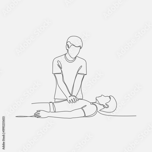 Continuous line drawing of CPR training, medical emergency response, life saving technique