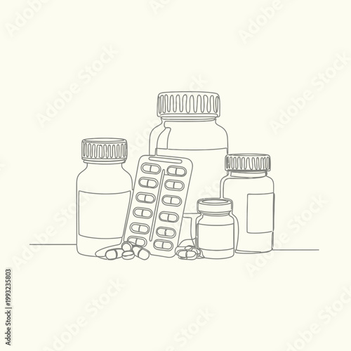 Medical Pills and Bottles Line Art - Pharmaceutical Healthcare Concept