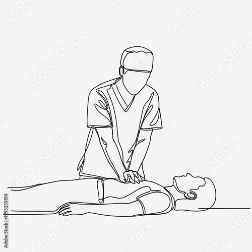 Medical Professional Performing CPR on Patient, Continuous Line Art Illustration
