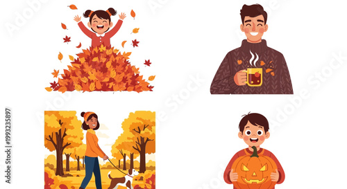 Autumn lifestyle illustration of happy people enjoying fall foliage outdoors with warm sunlight for seasonal marketing and digital content