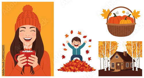 Flat design vector illustration of autumn season celebration with warm drink and cozy house in vibrant fall foliage setting