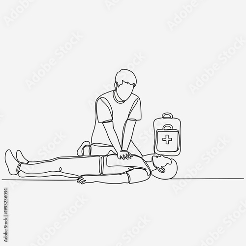 CPR illustration, one line drawing, medical emergency, resuscitation, first aid kit