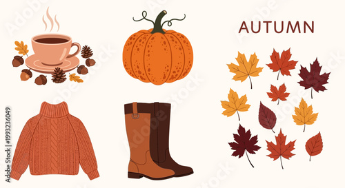 Flat design vector illustration of autumn season lifestyle elements including pumpkins leaves sweaters and boots