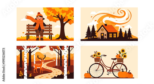 Flat design vector illustration of autumn season outdoor lifestyle scene featuring warm fall colors and cozy harvest elements