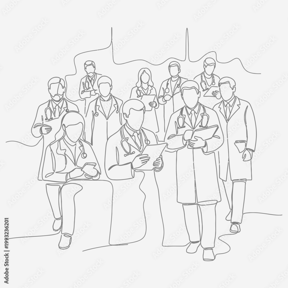 Obraz premium Minimalist Line Art: Diverse Medical Team Standing Together, Healthcare Professionals Illustration