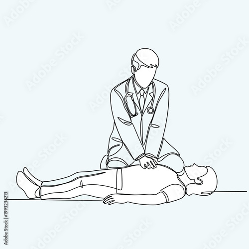 Doctor performing CPR on unconscious patient, medical emergency, continuous line art