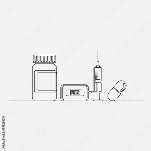 Minimalist Line Art: Medical Supplies - Pills, Syringe, Bandage, Bottle