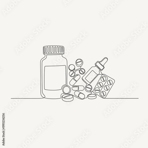 Minimalist Line Art: Medicine Bottle, Pills, Dropper, and Blister Pack