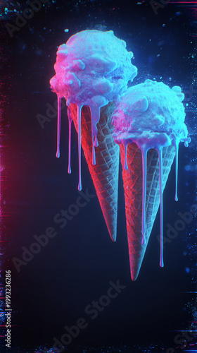 Futuristic Neon Dripping Ice Cream Cones in Dark Fantasy Sci-Fi Aesthetic with Bold Color Contrast