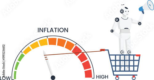 Inflation gauge indicator high prices economic crisis. White robot standing shopping cart megaphone speaker financial forecast market analysis data visualization.