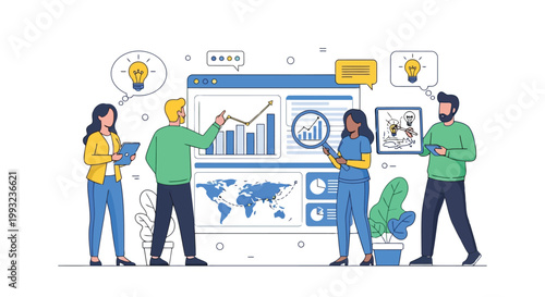 Illustration of colorful illustration of four professionals looking at a tablet device