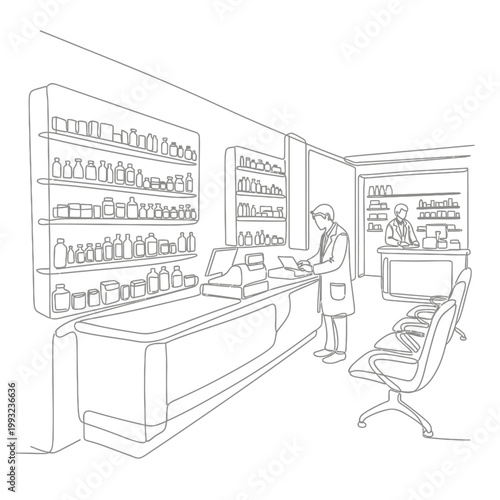 Pharmacist at counter in modern drugstore interior, shelves with medicines, line art illustration