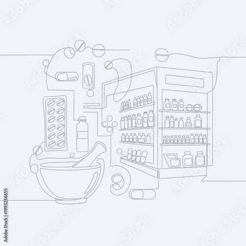 Pharmacy Interior Design Sketch: Shelves, Pills, Mortar Pestle, Bottles, Medicine