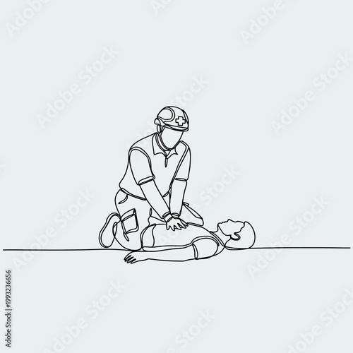 First responder performs CPR on unconscious person, continuous line art, medical emergency concept