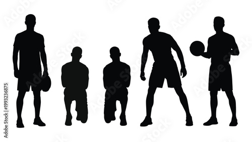 Cuadro en lienzo Silhouettes of several men in various athletic poses against a white background