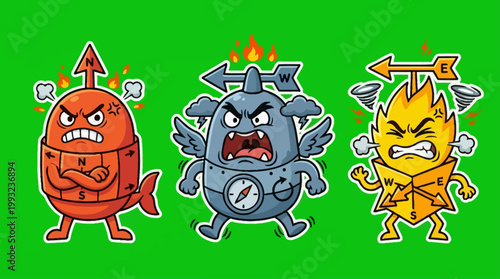 Cartoon Angry Characters with Arrows and Expressions on Green Background.