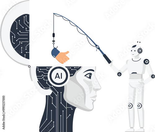Artificial intelligence robot manipulation concept showing data phishing cyber security risk and digital brain circuit board technology concept