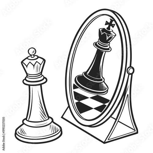 A black and white illustration of a chess piece reflected in a mirror