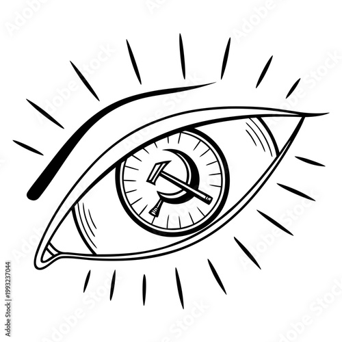 A black and white vector illustration of an eye with a hammer and sickle