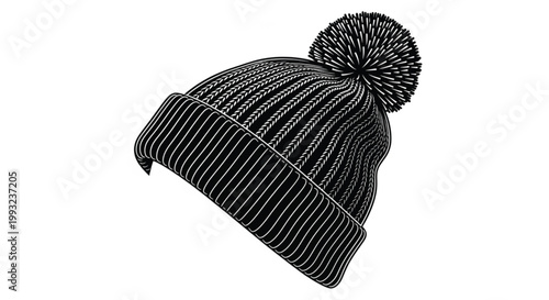 Detailed Knitted Beanie Hat Vector Illustration with Pom Pom and Ribbed Texture in Black and White Realistic Winter Clothing Design