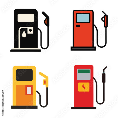 Four different colored gas pumps with various designs and fuel nozzles on white background  fuel pump icons