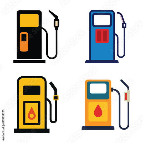 Four different colored gas pumps with various fuel nozzle and screen designs on white background  fuel pump icons