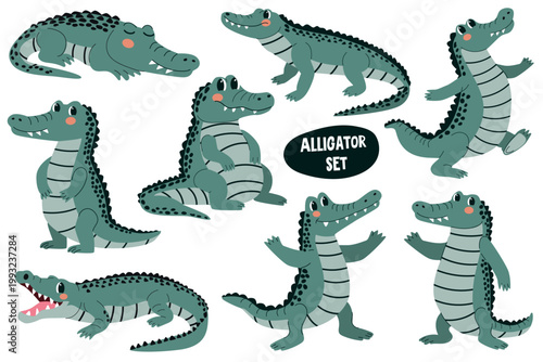 Set of cartoon alligators in various poses, showcasing playful expressions and distinct features, ideal for children's illustrations or educational materials