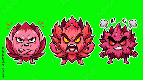 Cartoon Angry Flowers with Facial Expressions on Green Background.