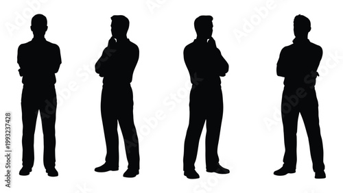 Four silhouetted men standing with arms crossed depicted in a minimalist style