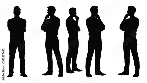 Silhouette of five men standing in a row each in a different thoughtful pose