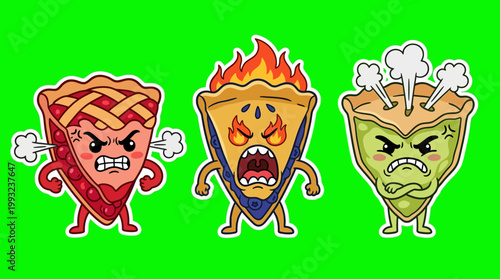 Cartoon Angry Pie Slices with Fiery Expressions and Steam.