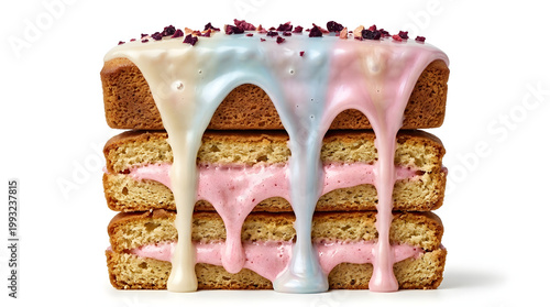 Three-layer square sponge cake with pastel pink filling and colorful dripping glaze, topped with dried berry crumbles on white background.
