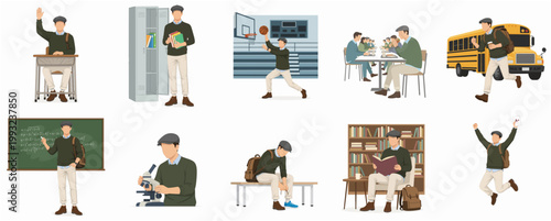 Modern Flat Design Illustration of Young Male Student Daily School Life Activities Character Set Concept