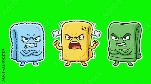 Cartoon Angry Towels with Different Colors and Facial Expressions.